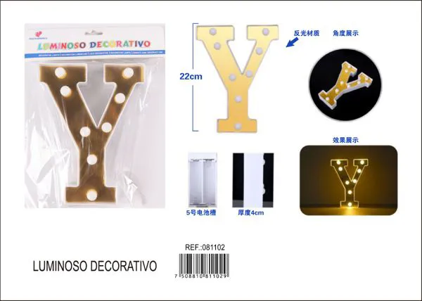 Letra luminosa LED de 22 cm de plástico, dorada, letra Y