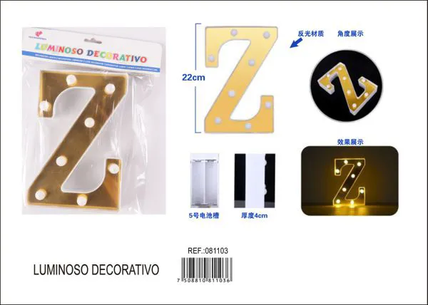 Letra luminosa LED de 22 cm de plástico, dorada, letra Z