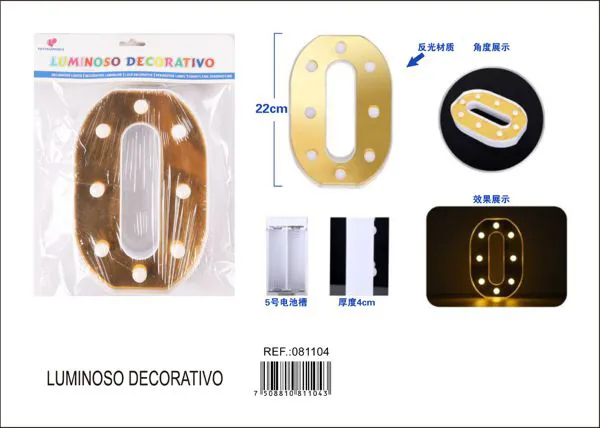 Número luminoso LED de 22 cm de plástico, dorado, número 0