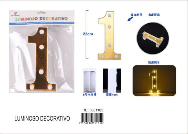 Número luminoso LED de 22 cm de plástico, dorado, número 1