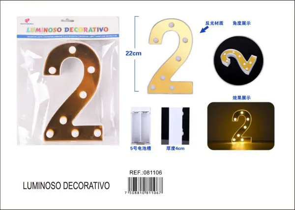 Número luminoso LED de 22 cm de plástico, dorado, número 2