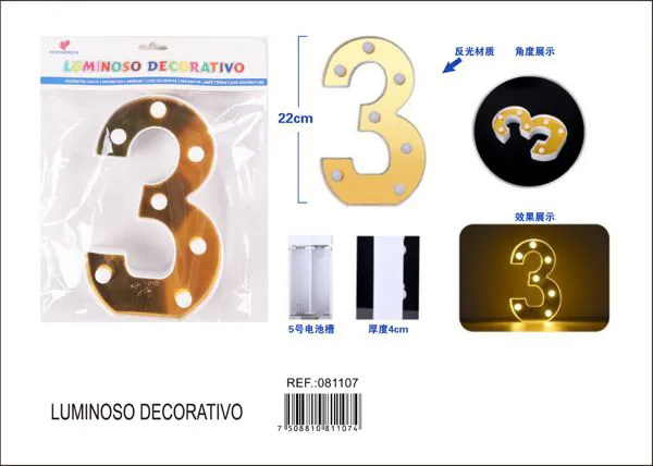 Número luminoso LED de 22 cm de plástico, dorado, número 3