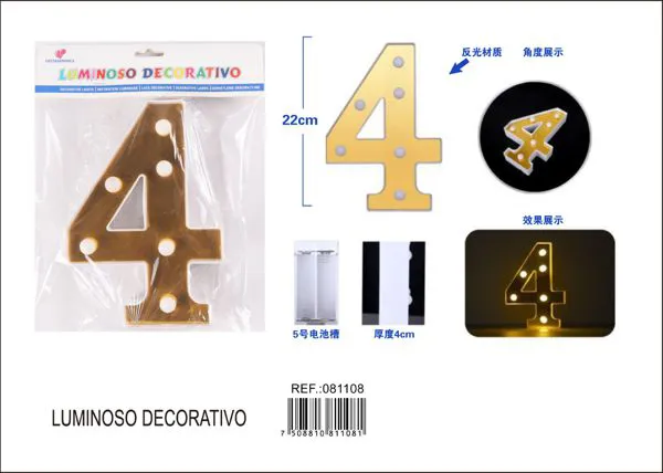 Número luminoso LED de 22 cm de plástico, dorado, número 4