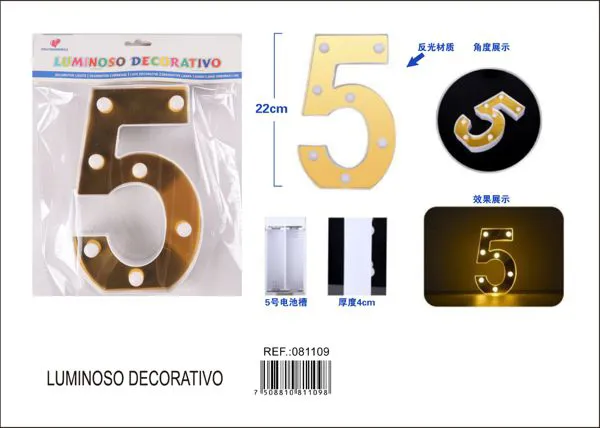 Número luminoso LED de 22 cm de plástico, dorado, número 5