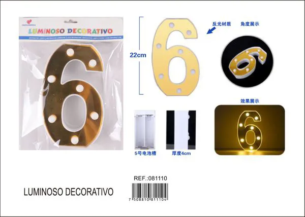 Número luminoso LED de 22 cm de plástico, dorado, número 6