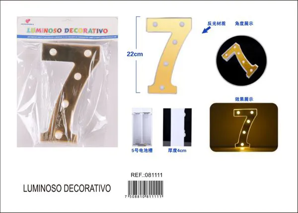 Número luminoso LED de 22 cm de plástico, dorado, número 7