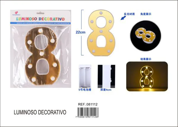 Número luminoso LED de 22 cm de plástico, dorado, número 8