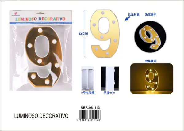 Número luminoso LED de 22 cm de plástico, dorado, número 9
