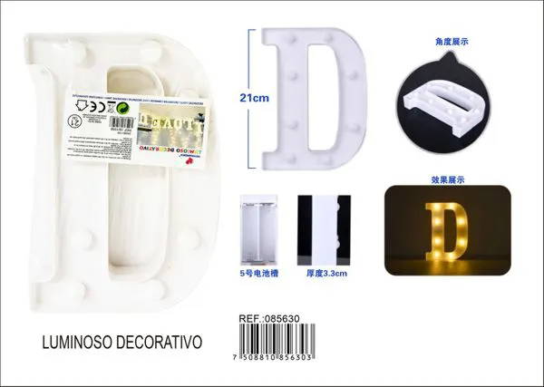 Letra luminosa LED de 21 cm de plástico, letra D