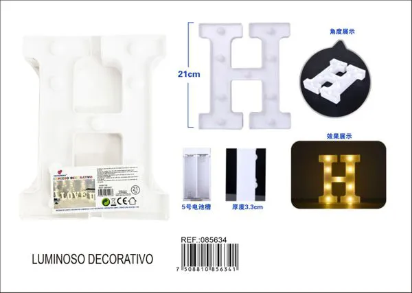 Letra luminosa LED de 21 cm de plástico, letra H
