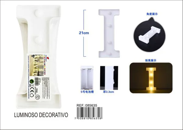 Letra luminosa LED de 21 cm de plástico, letra I