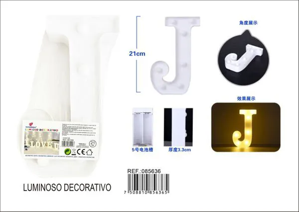Letra luminosa LED de 21 cm de plástico, letra J