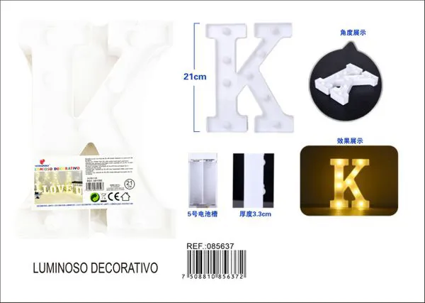 Letra luminosa LED de 21 cm de plástico, letra K
