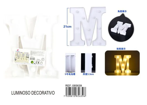 Letra luminosa LED de 21 cm de plástico, letra M