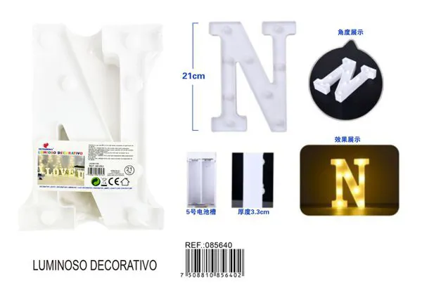 Letra luminosa LED de 21 cm de plástico, letra N
