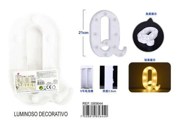 Letra luminosa LED de 21 cm de plástico, letra Q