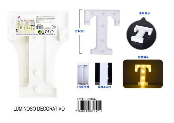 Letra luminosa LED de 21 cm de plástico, letra T