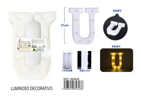 Letra luminosa LED de 21 cm de plástico, letra U