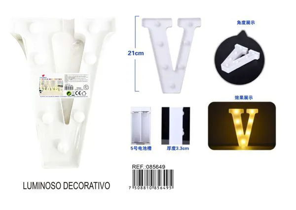 Letra luminosa LED de 21 cm de plástico, letra V