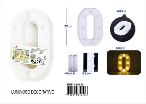 Número luminoso LED de 21 cm de plástico, número 0