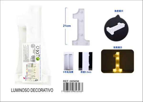 Número luminoso LED de 21 cm de plástico, número 1