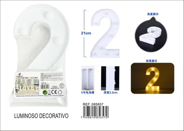 Número luminoso LED de 21 cm de plástico, número 2