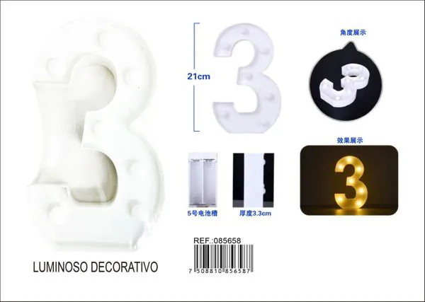 Número luminoso LED de 21 cm de plástico, número 3