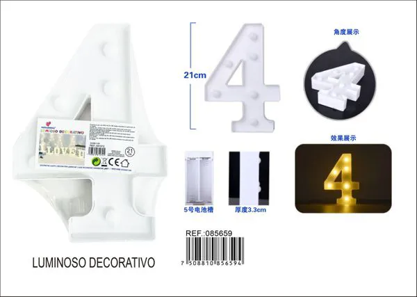 Número luminoso LED de 21 cm de plástico, número 4