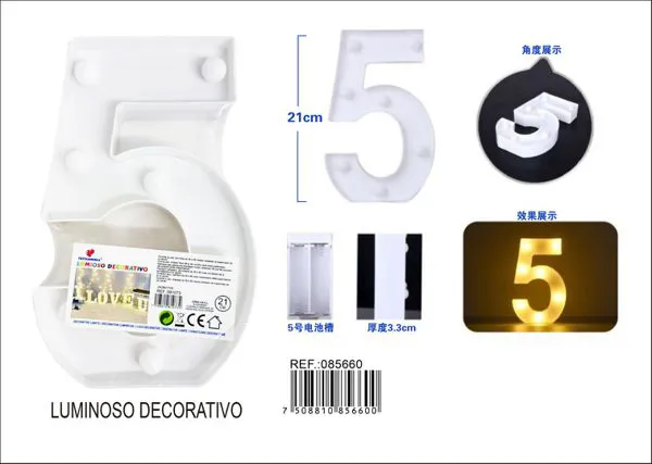 Número luminoso LED de 21 cm de plástico, número 5