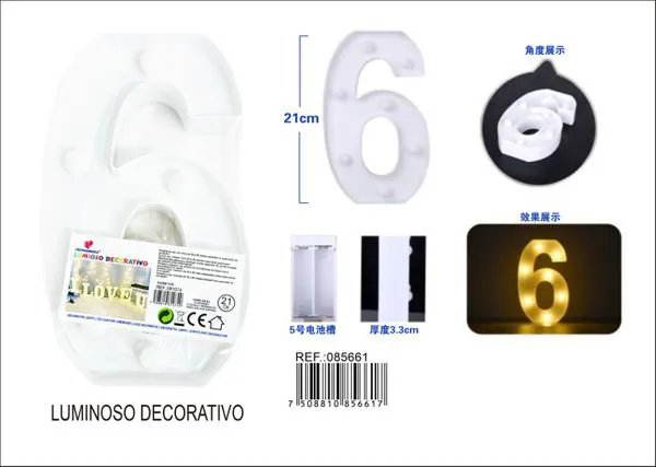 Número luminoso LED de 21 cm de plástico, número 6