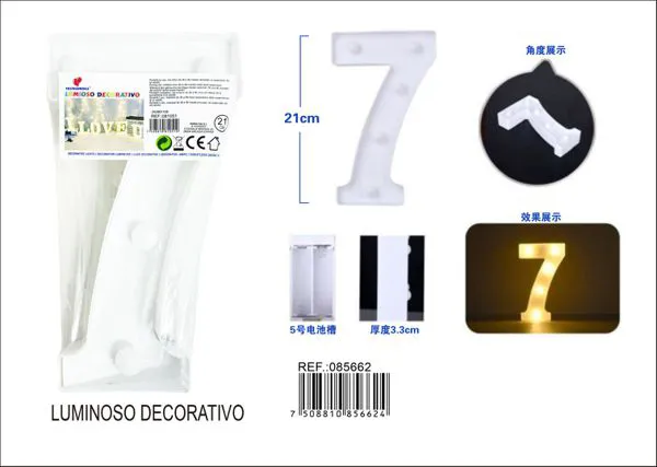 Número luminoso LED de 21 cm de plástico, número 7