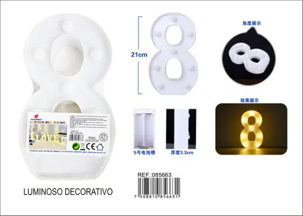 Número luminoso LED de 21 cm de plástico, número 8