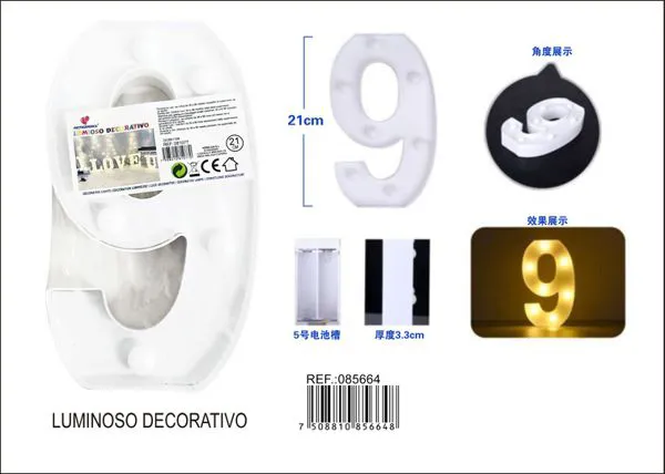 Número luminoso LED de 21 cm de plástico, número 9