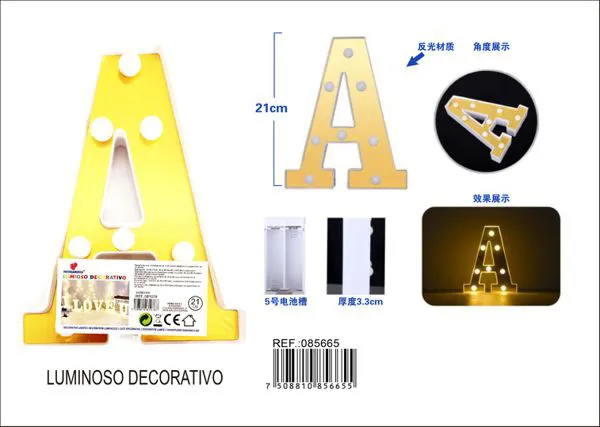 Letra luminosa LED de 21 cm de plástico, dorada, letra A