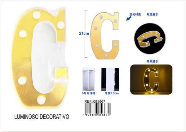 Letra luminosa LED de 21 cm de plástico, dorada, letra C