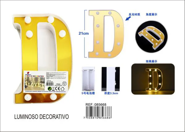 Letra luminosa LED de 21 cm de plástico, dorada, letra D