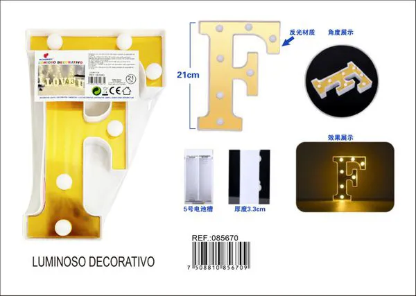 Letra luminosa LED de 21 cm de plástico, dorada, letra F