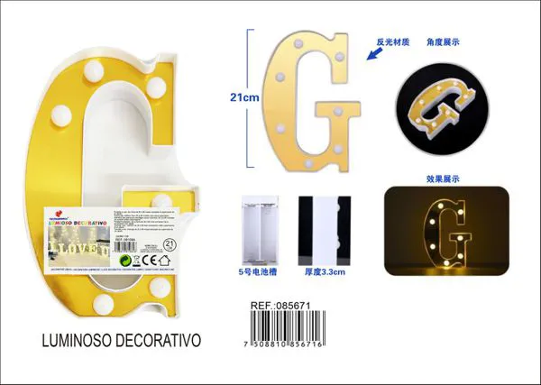 Letra luminosa LED de 21 cm de plástico, dorada, letra G