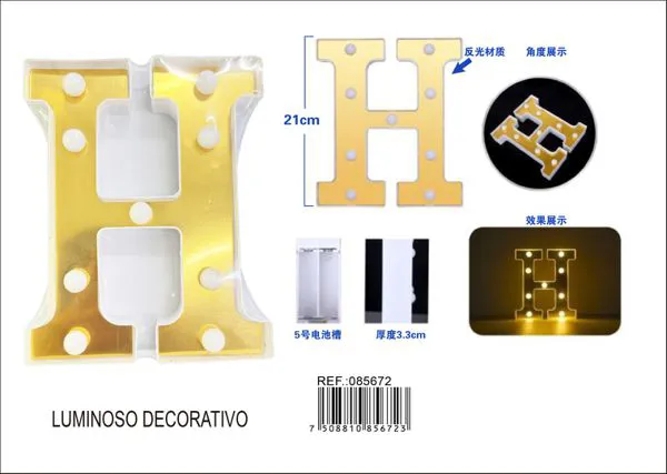 Letra luminosa LED de 21 cm de plástico, dorada, letra H