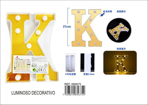 Letra luminosa LED de 21 cm de plástico, dorada, letra K