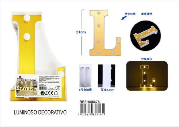 Letra luminosa LED de 21 cm de plástico, dorada, letra L