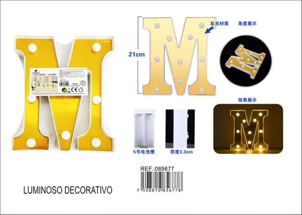Letra luminosa LED de 21 cm de plástico, dorada, letra M