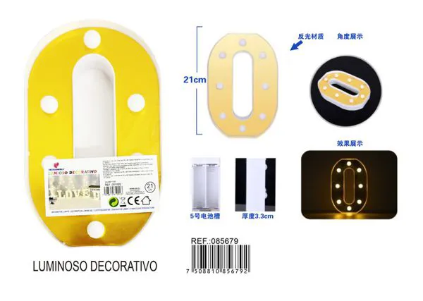 Letra luminosa LED de 21 cm de plástico, dorada, letra O