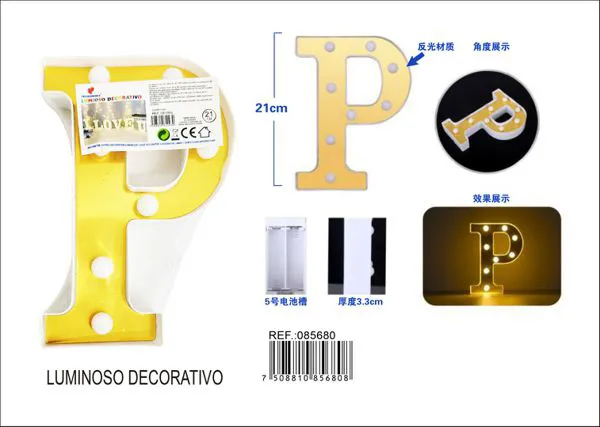 Letra luminosa LED de 21 cm de plástico, dorada, letra P