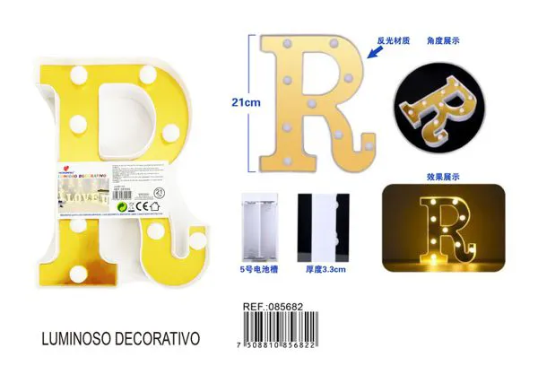 Letra luminosa LED de 21 cm de plástico, dorada, letra R