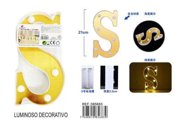 Letra luminosa LED de 21 cm de plástico, dorada, letra S