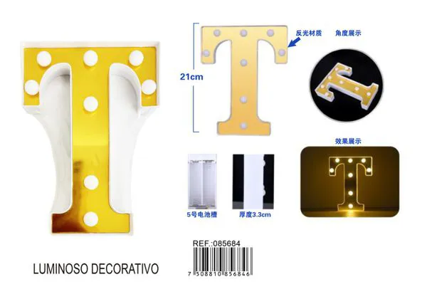 Letra luminosa LED de 21 cm de plástico, dorada, letra T