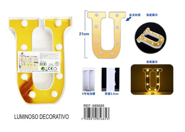 Letra luminosa LED de 21 cm de plástico, dorada, letra U