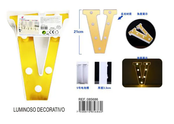 Letra luminosa LED de 21 cm de plástico, dorada, letra V