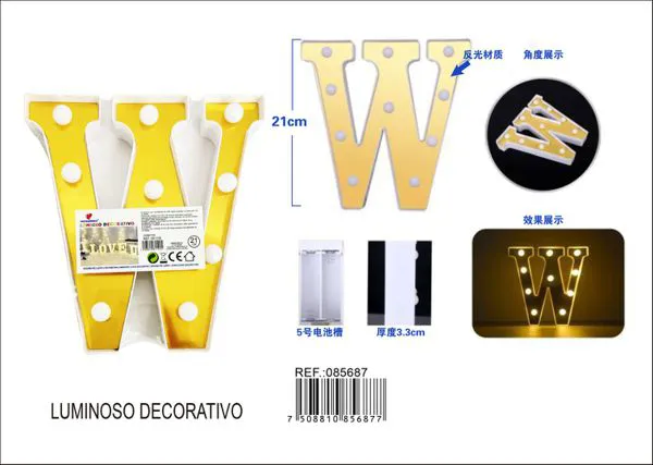 Letra luminosa LED de 21 cm de plástico, dorada, letra W
